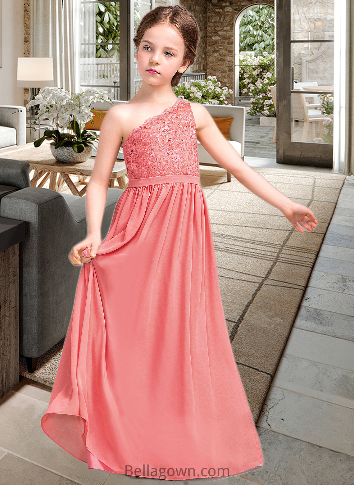 Shannon A-Line One-Shoulder Floor-Length Chiffon Lace Junior Bridesmaid Dress DNP0013500