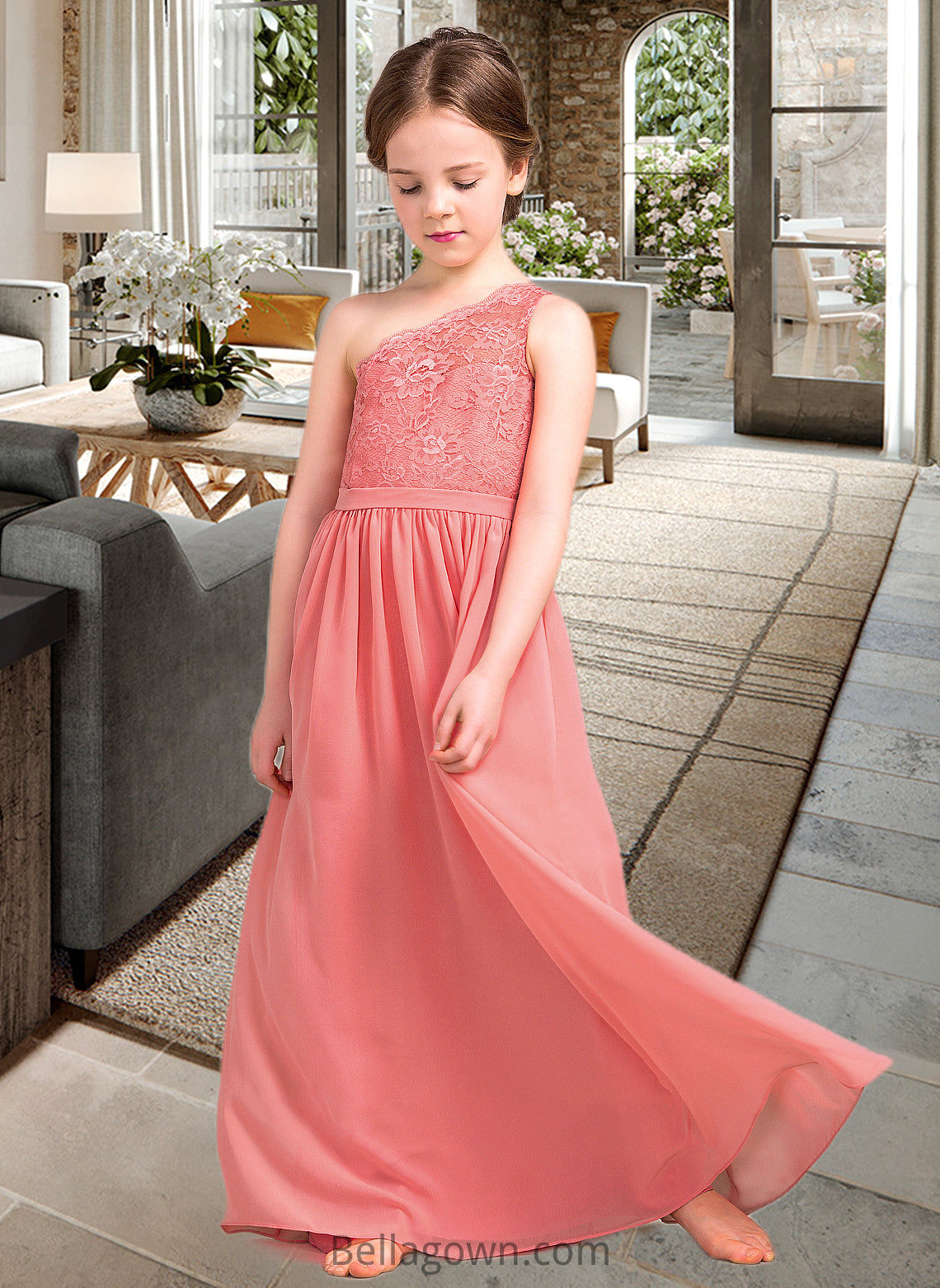 Shannon A-Line One-Shoulder Floor-Length Chiffon Lace Junior Bridesmaid Dress DNP0013500