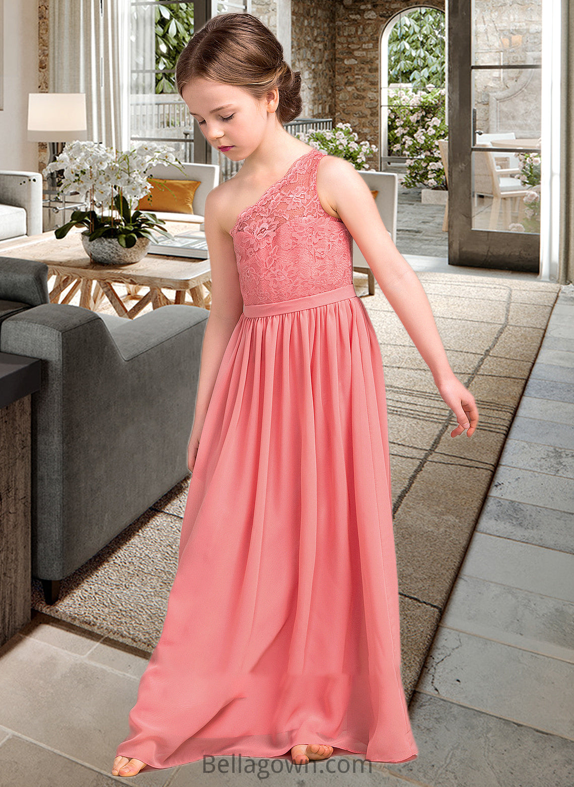 Shannon A-Line One-Shoulder Floor-Length Chiffon Lace Junior Bridesmaid Dress DNP0013500