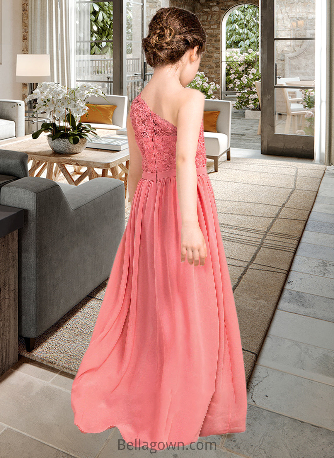 Shannon A-Line One-Shoulder Floor-Length Chiffon Lace Junior Bridesmaid Dress DNP0013500