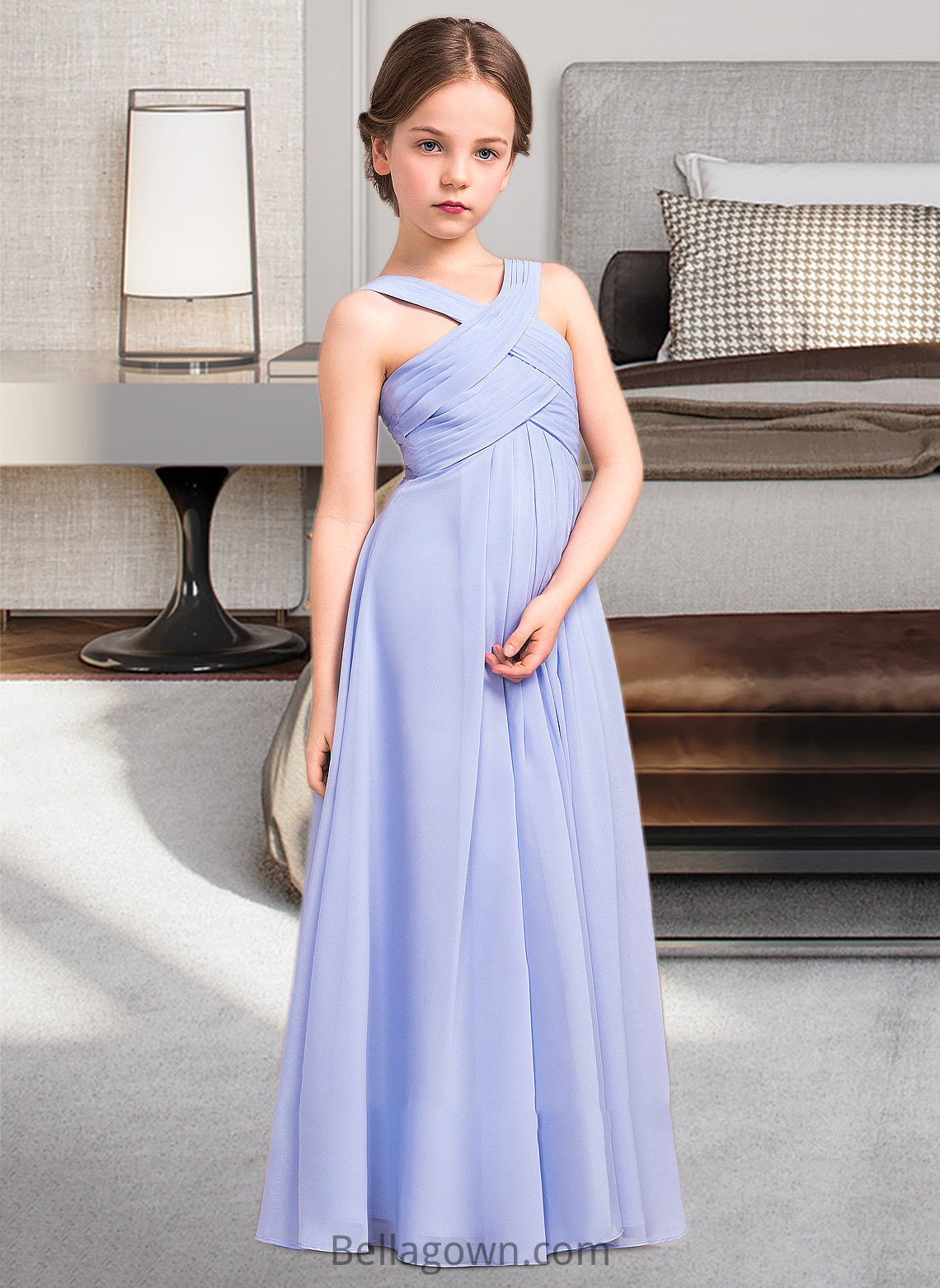 Isis A-Line V-neck Floor-Length Chiffon Junior Bridesmaid Dress With Ruffle DNP0013501