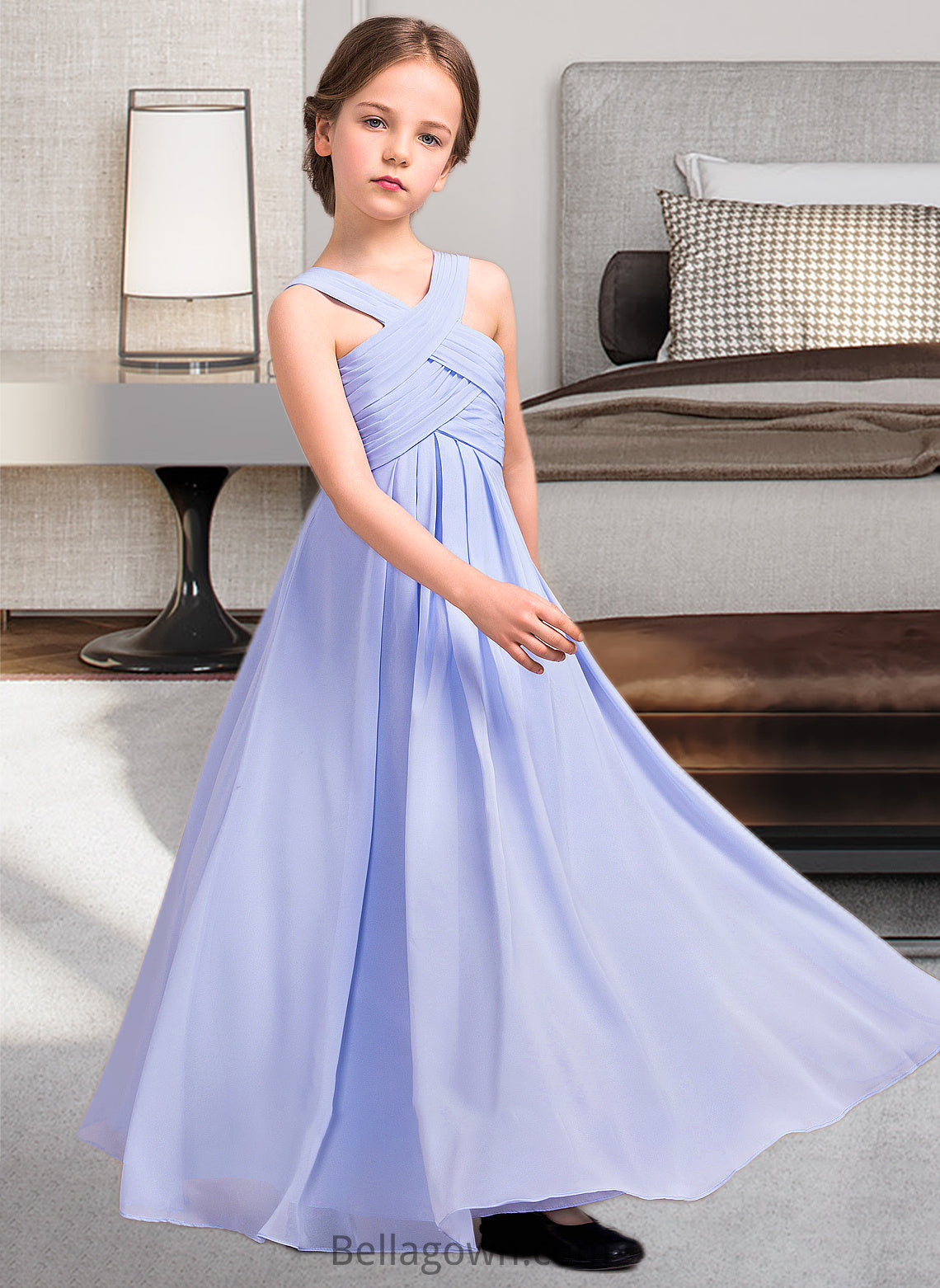 Isis A-Line V-neck Floor-Length Chiffon Junior Bridesmaid Dress With Ruffle DNP0013501