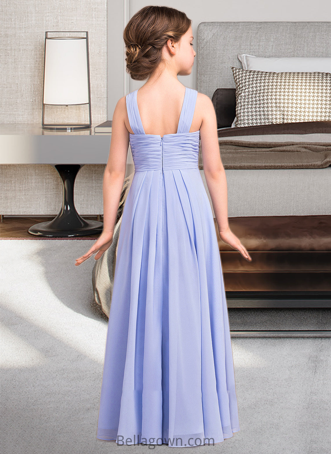 Isis A-Line V-neck Floor-Length Chiffon Junior Bridesmaid Dress With Ruffle DNP0013501