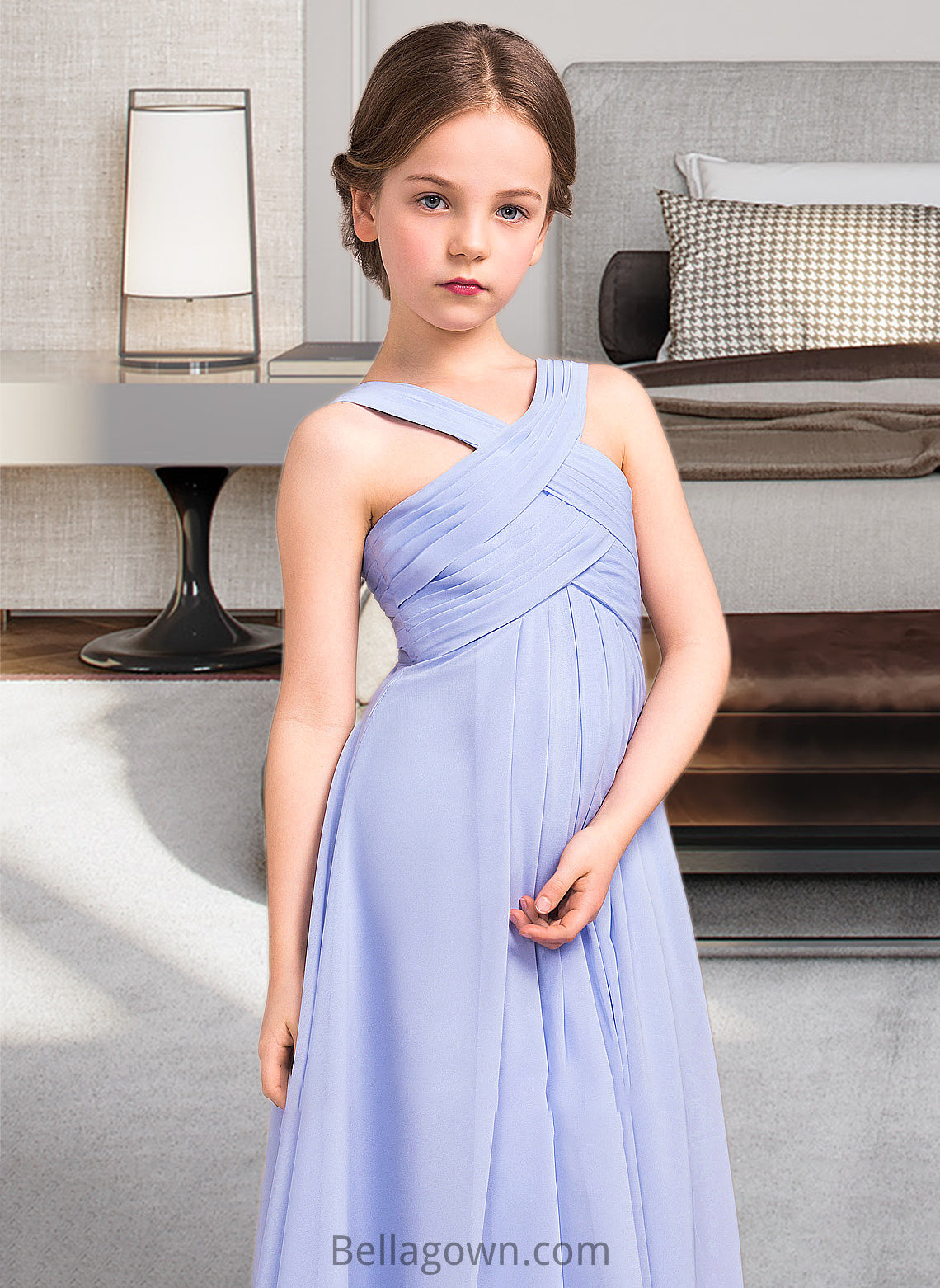 Isis A-Line V-neck Floor-Length Chiffon Junior Bridesmaid Dress With Ruffle DNP0013501