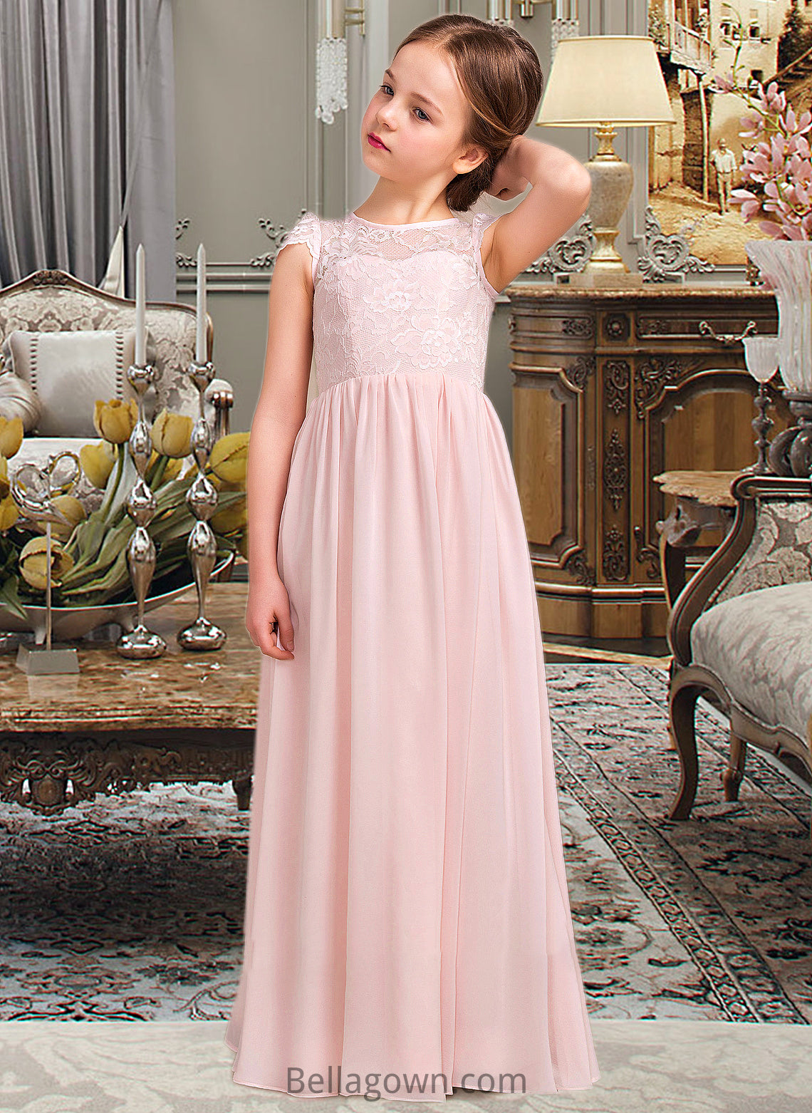 Livia A-LineScoopNeckFloor-LengthChiffonLaceJuniorBridesmaidDress#81155 DNP0013502