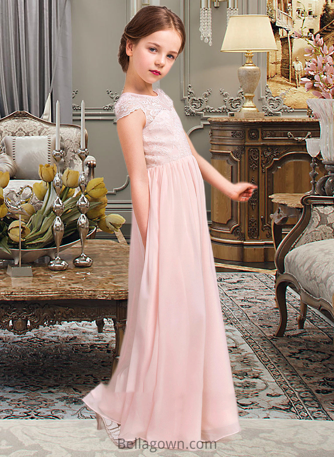 Livia A-LineScoopNeckFloor-LengthChiffonLaceJuniorBridesmaidDress#81155 DNP0013502