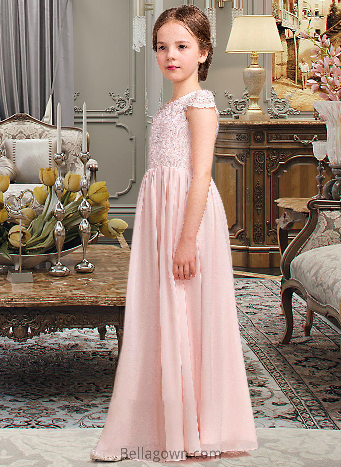 Livia A-LineScoopNeckFloor-LengthChiffonLaceJuniorBridesmaidDress#81155 DNP0013502