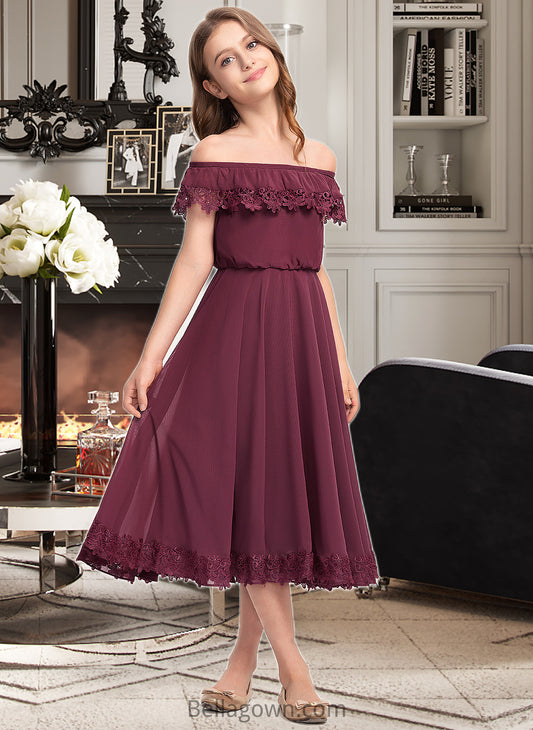 Cherish A-Line Off-the-Shoulder Tea-Length Chiffon Lace Junior Bridesmaid Dress DNP0013505