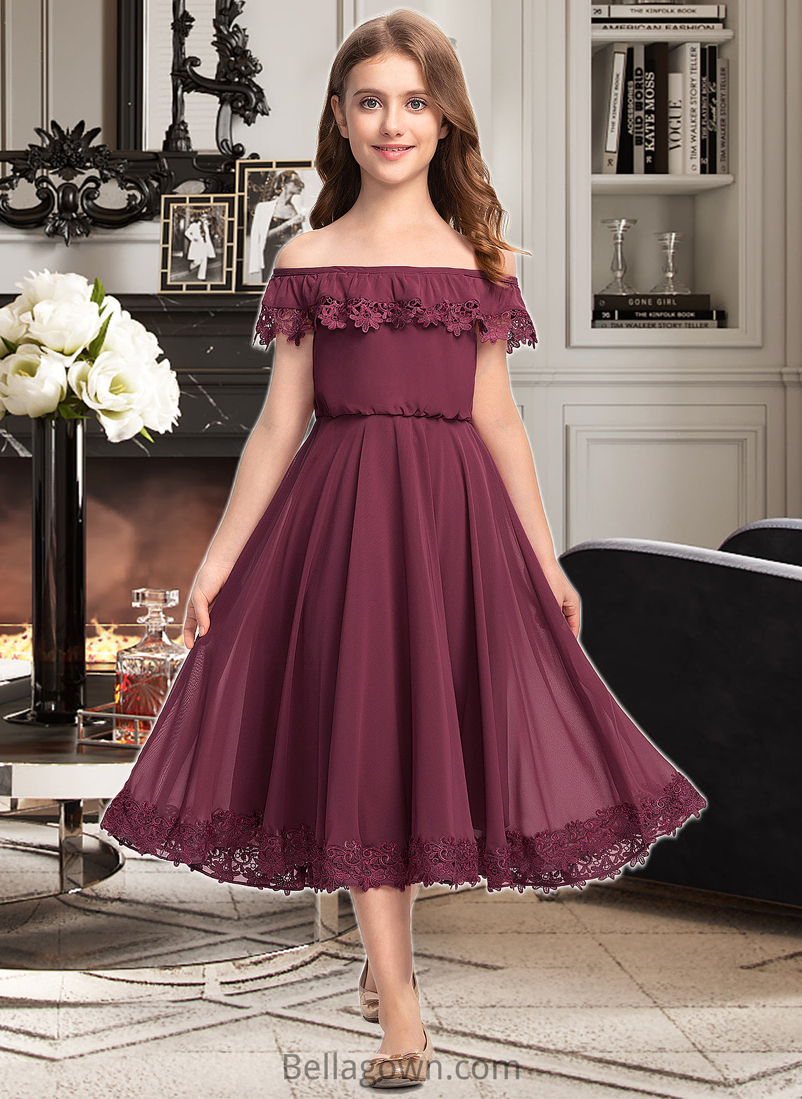 Cherish A-Line Off-the-Shoulder Tea-Length Chiffon Lace Junior Bridesmaid Dress DNP0013505