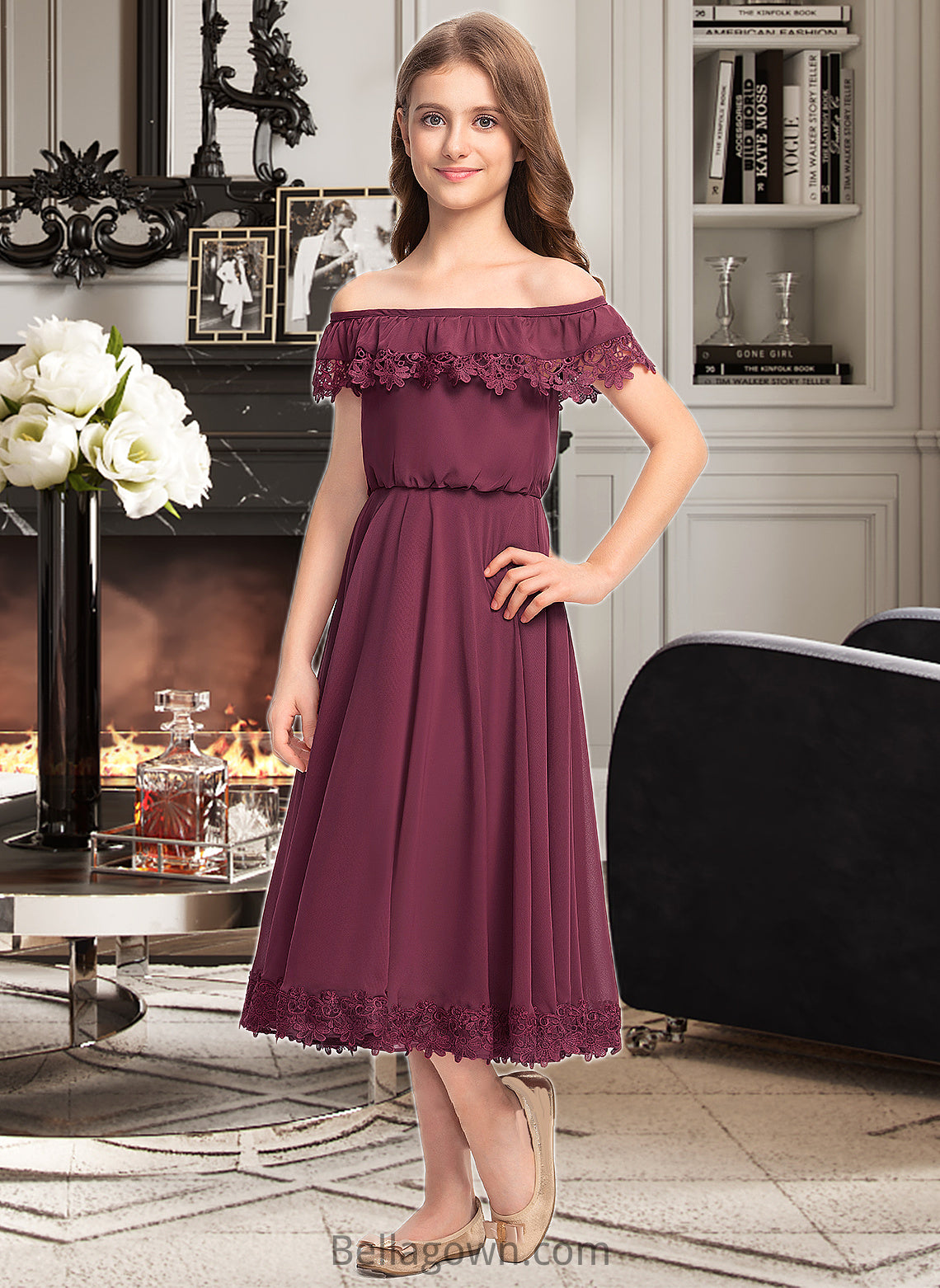 Cherish A-Line Off-the-Shoulder Tea-Length Chiffon Lace Junior Bridesmaid Dress DNP0013505