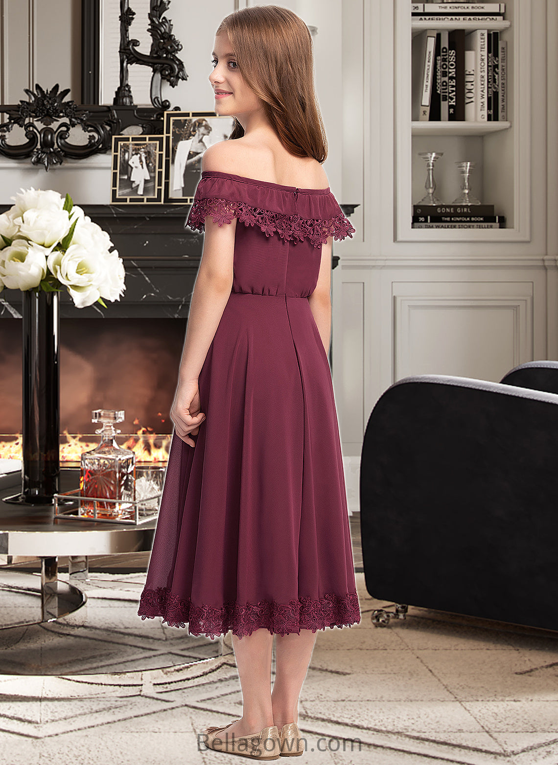 Cherish A-Line Off-the-Shoulder Tea-Length Chiffon Lace Junior Bridesmaid Dress DNP0013505