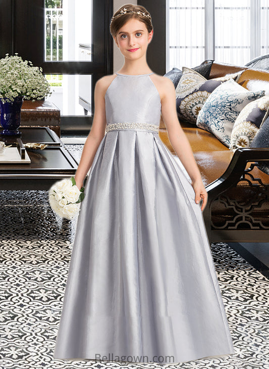 Brielle A-Line Scoop Neck Floor-Length Taffeta Junior Bridesmaid Dress With Beading Bow(s) DNP0013506