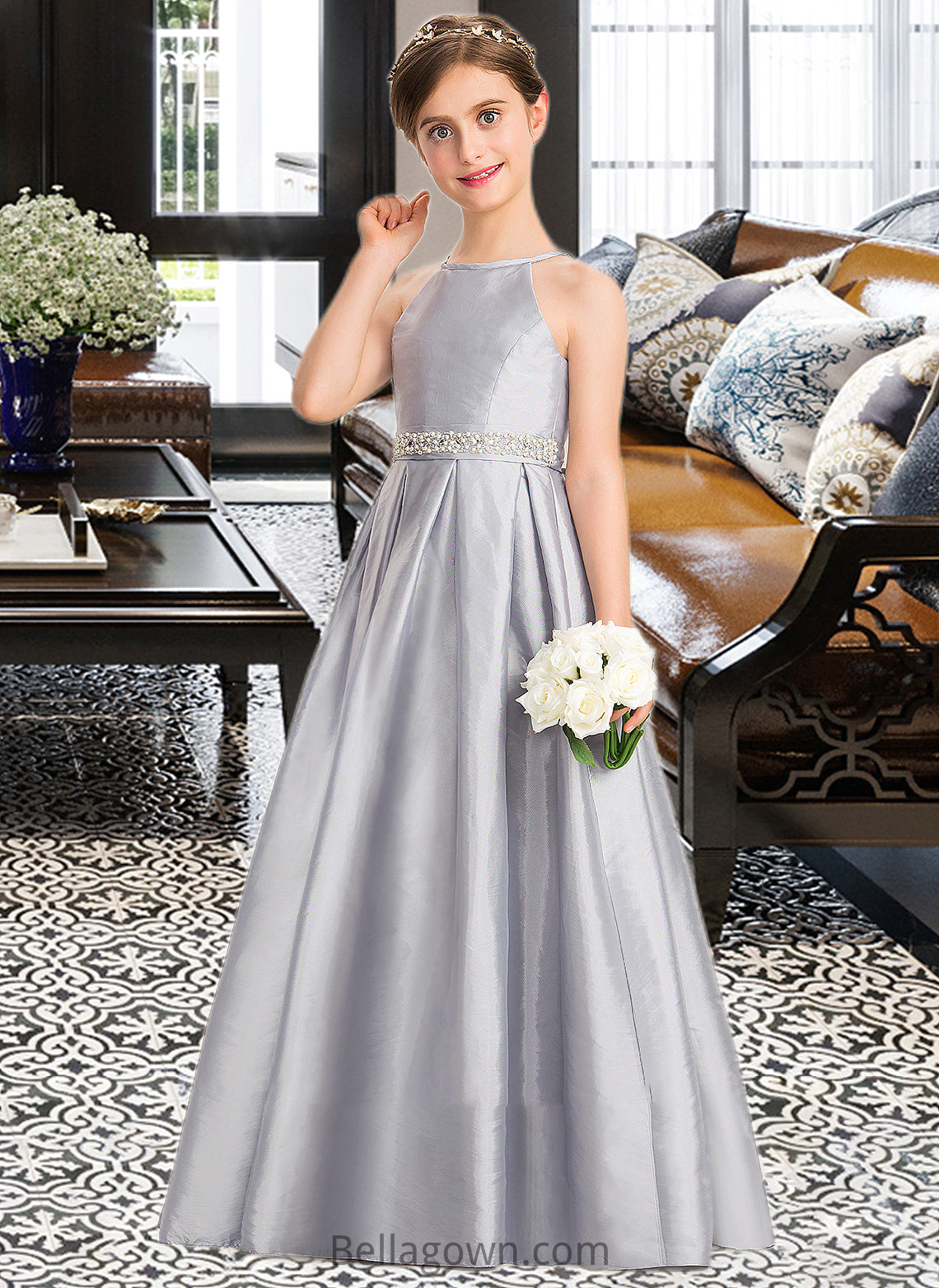 Brielle A-Line Scoop Neck Floor-Length Taffeta Junior Bridesmaid Dress With Beading Bow(s) DNP0013506