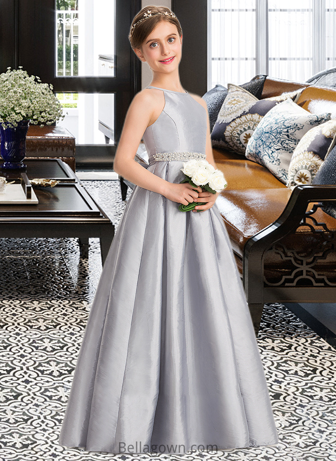 Brielle A-Line Scoop Neck Floor-Length Taffeta Junior Bridesmaid Dress With Beading Bow(s) DNP0013506