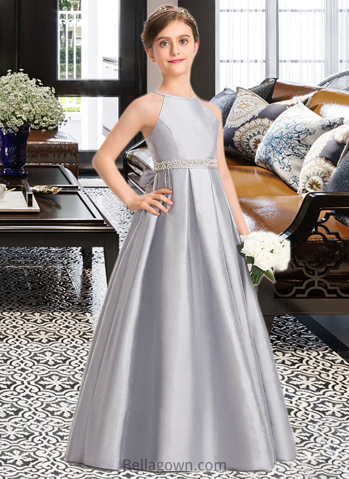 Brielle A-Line Scoop Neck Floor-Length Taffeta Junior Bridesmaid Dress With Beading Bow(s) DNP0013506