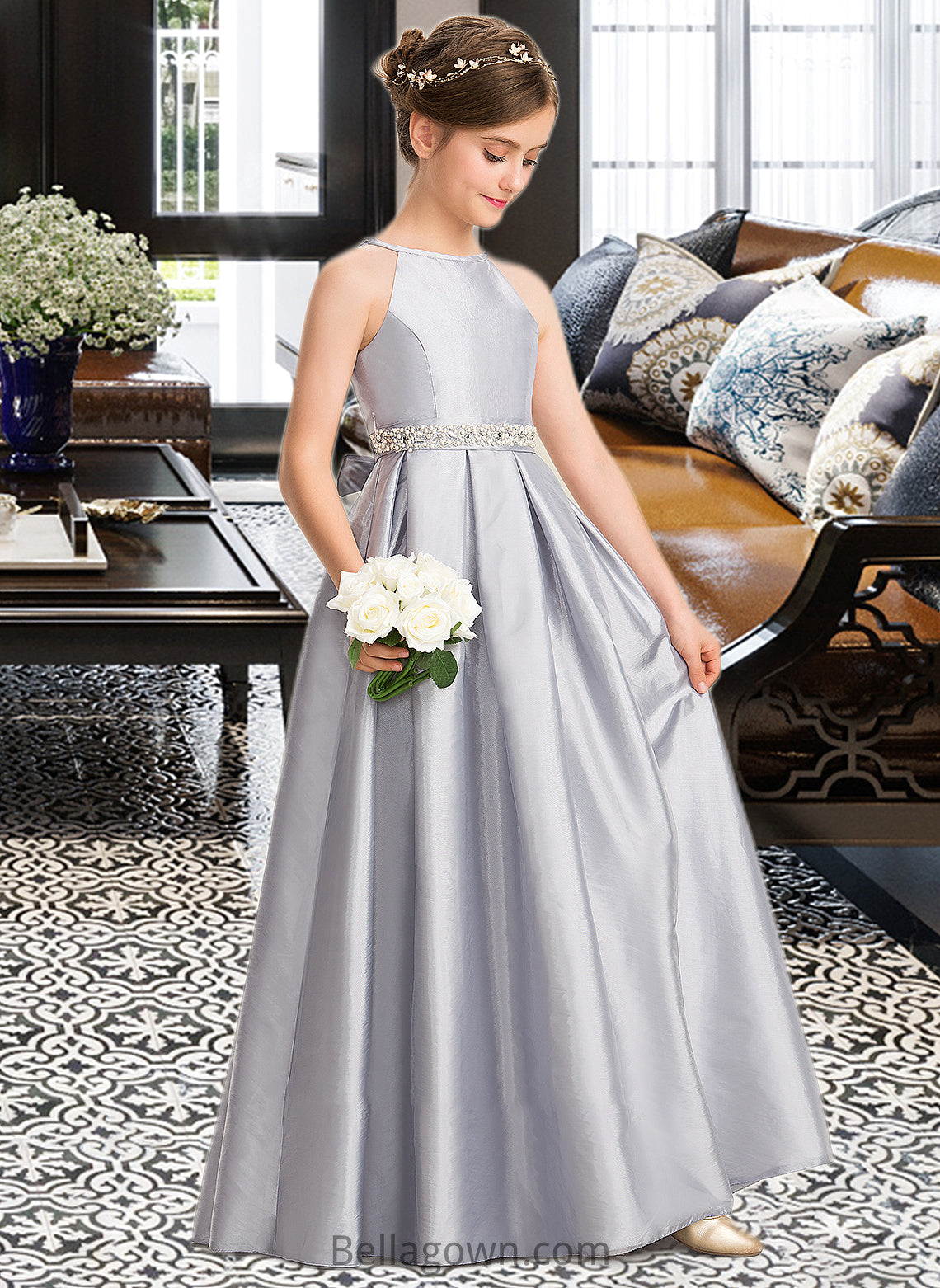 Brielle A-Line Scoop Neck Floor-Length Taffeta Junior Bridesmaid Dress With Beading Bow(s) DNP0013506