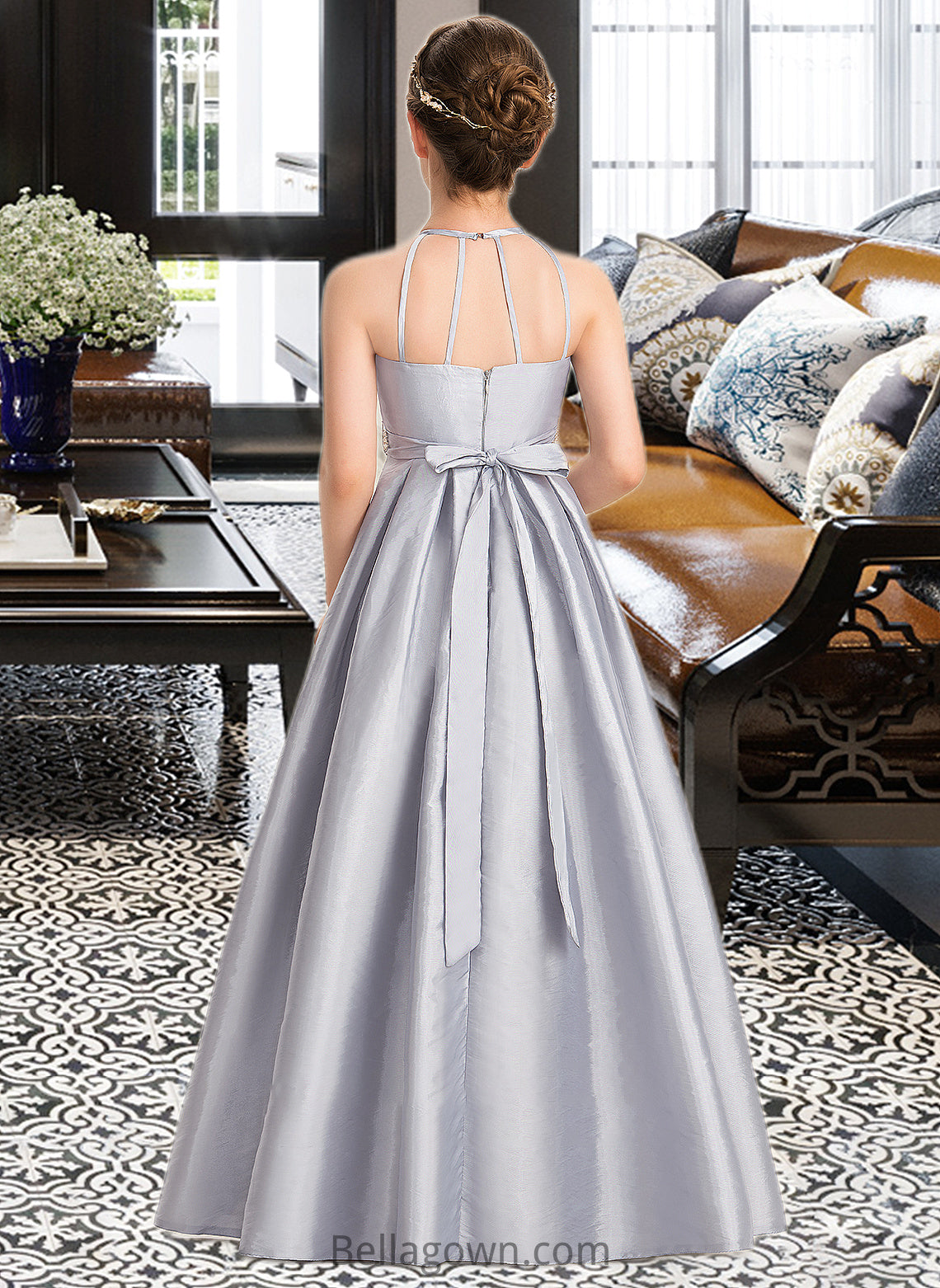 Brielle A-Line Scoop Neck Floor-Length Taffeta Junior Bridesmaid Dress With Beading Bow(s) DNP0013506