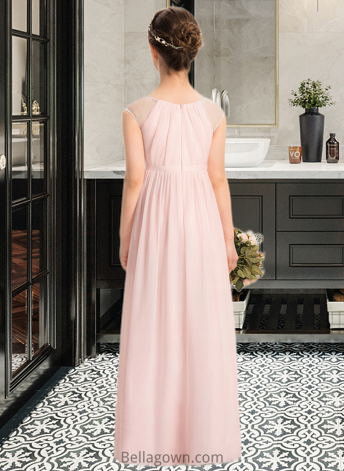 Rebecca A-Line Scoop Neck Floor-Length Chiffon Junior Bridesmaid Dress With Beading Sequins DNP0013507