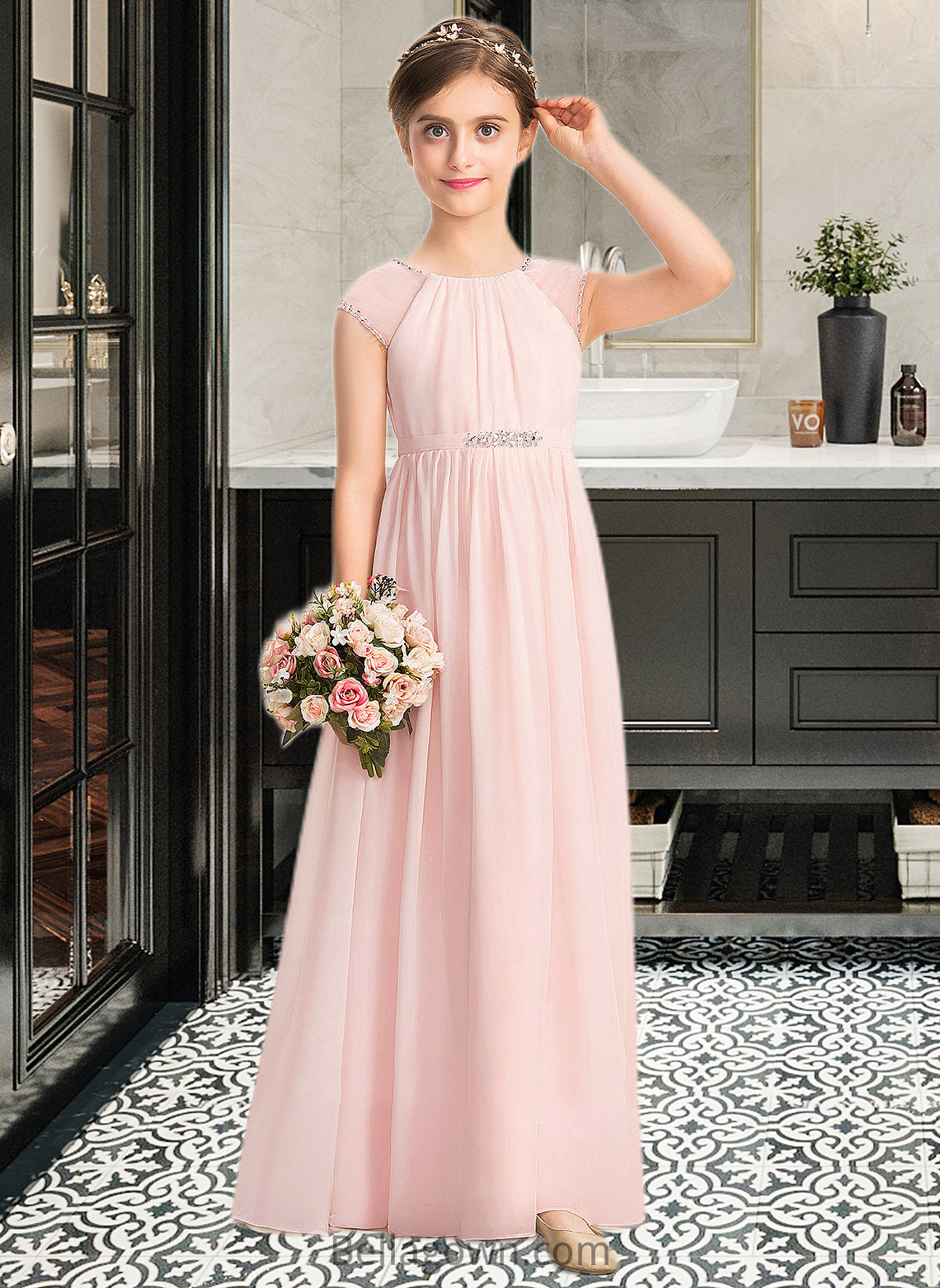 Rebecca A-Line Scoop Neck Floor-Length Chiffon Junior Bridesmaid Dress With Beading Sequins DNP0013507