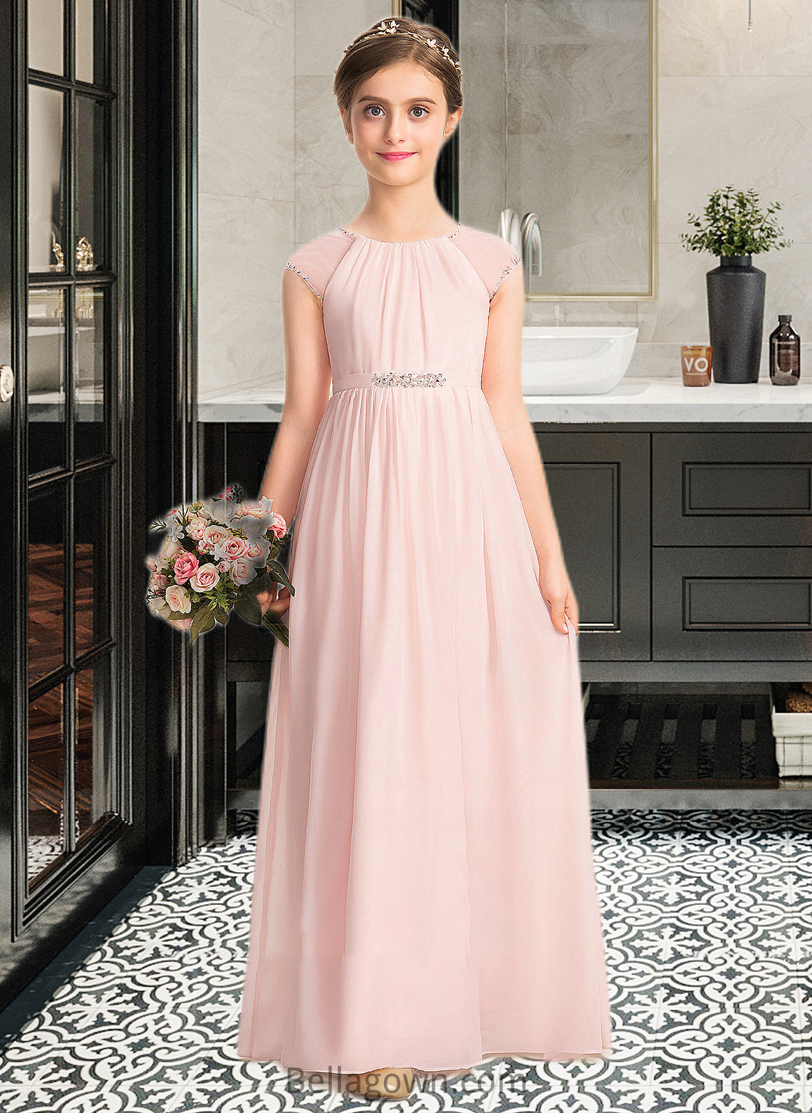 Rebecca A-Line Scoop Neck Floor-Length Chiffon Junior Bridesmaid Dress With Beading Sequins DNP0013507