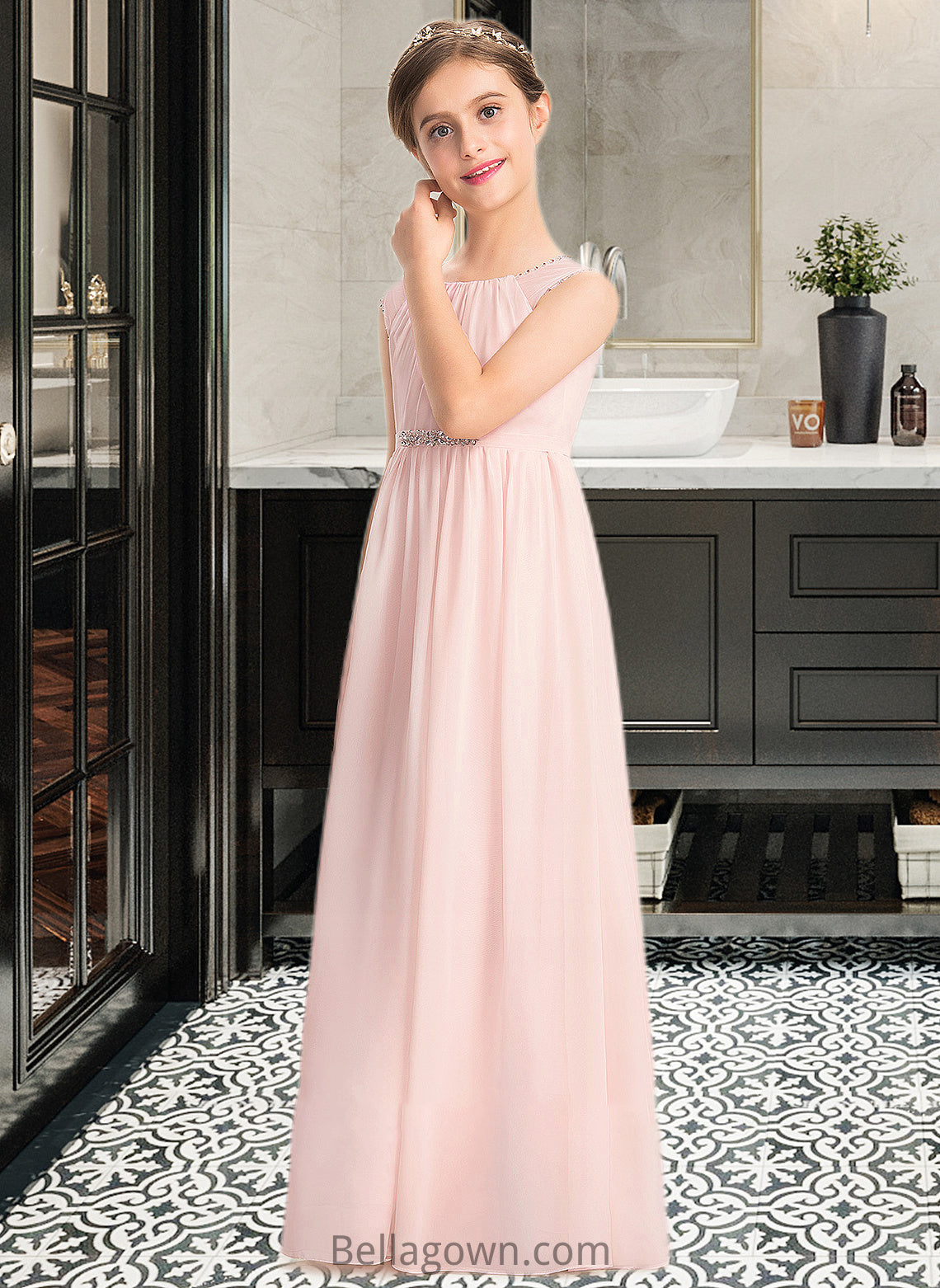 Rebecca A-Line Scoop Neck Floor-Length Chiffon Junior Bridesmaid Dress With Beading Sequins DNP0013507