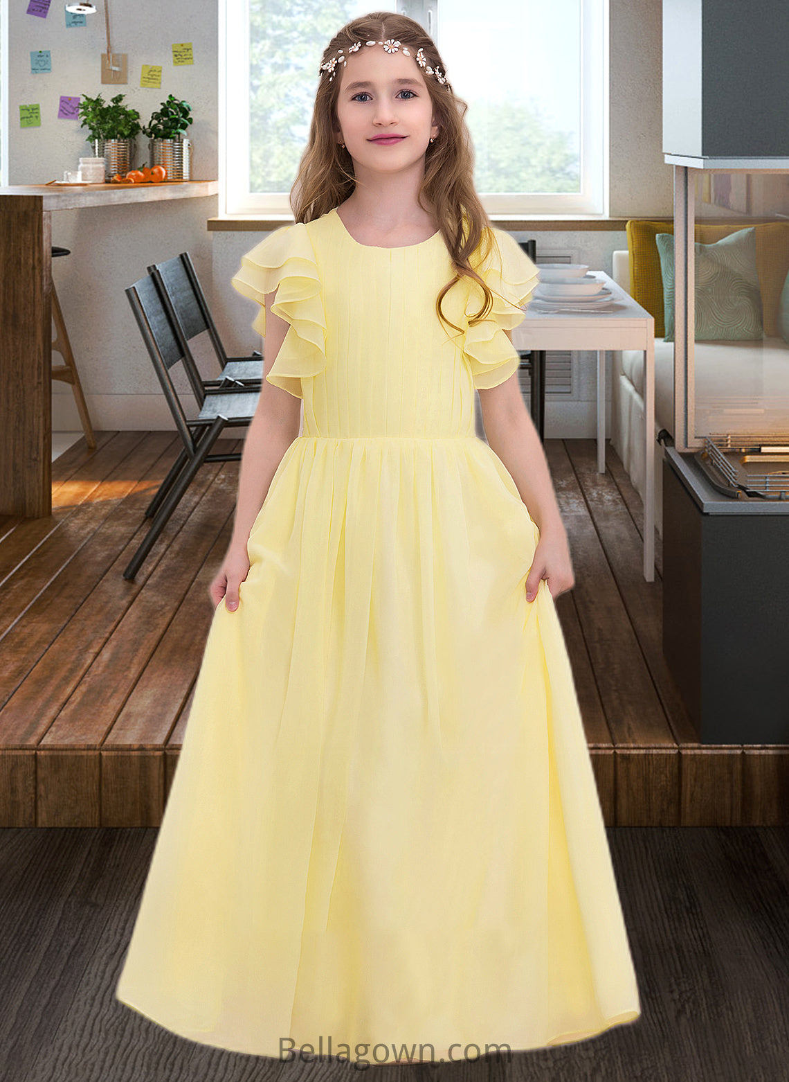 Neveah A-LineScoopNeckFloor-LengthChiffonJuniorBridesmaidDressWithRuffleCascadingRuffles#123850 DNP0013508