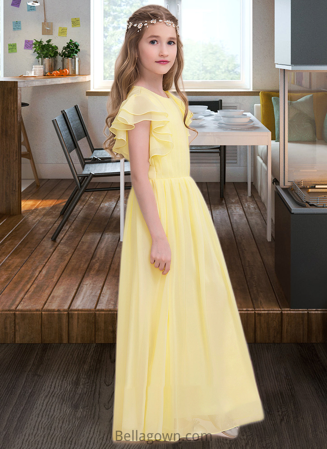 Neveah A-LineScoopNeckFloor-LengthChiffonJuniorBridesmaidDressWithRuffleCascadingRuffles#123850 DNP0013508