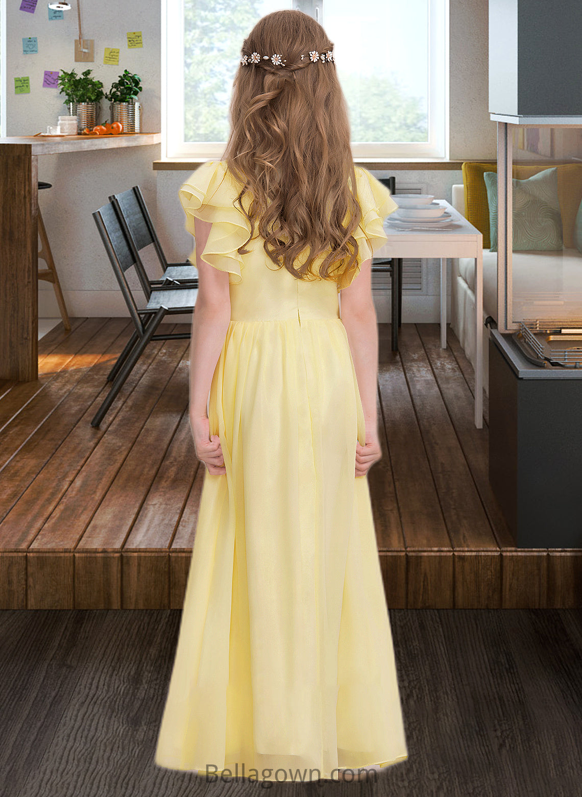 Neveah A-LineScoopNeckFloor-LengthChiffonJuniorBridesmaidDressWithRuffleCascadingRuffles#123850 DNP0013508