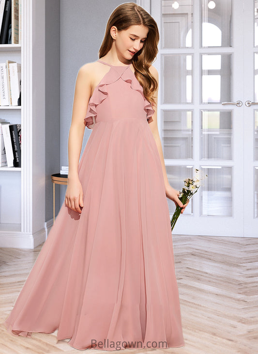 Dahlia A-Line Square Neckline Floor-Length Chiffon Junior Bridesmaid Dress With Cascading Ruffles DNP0013509