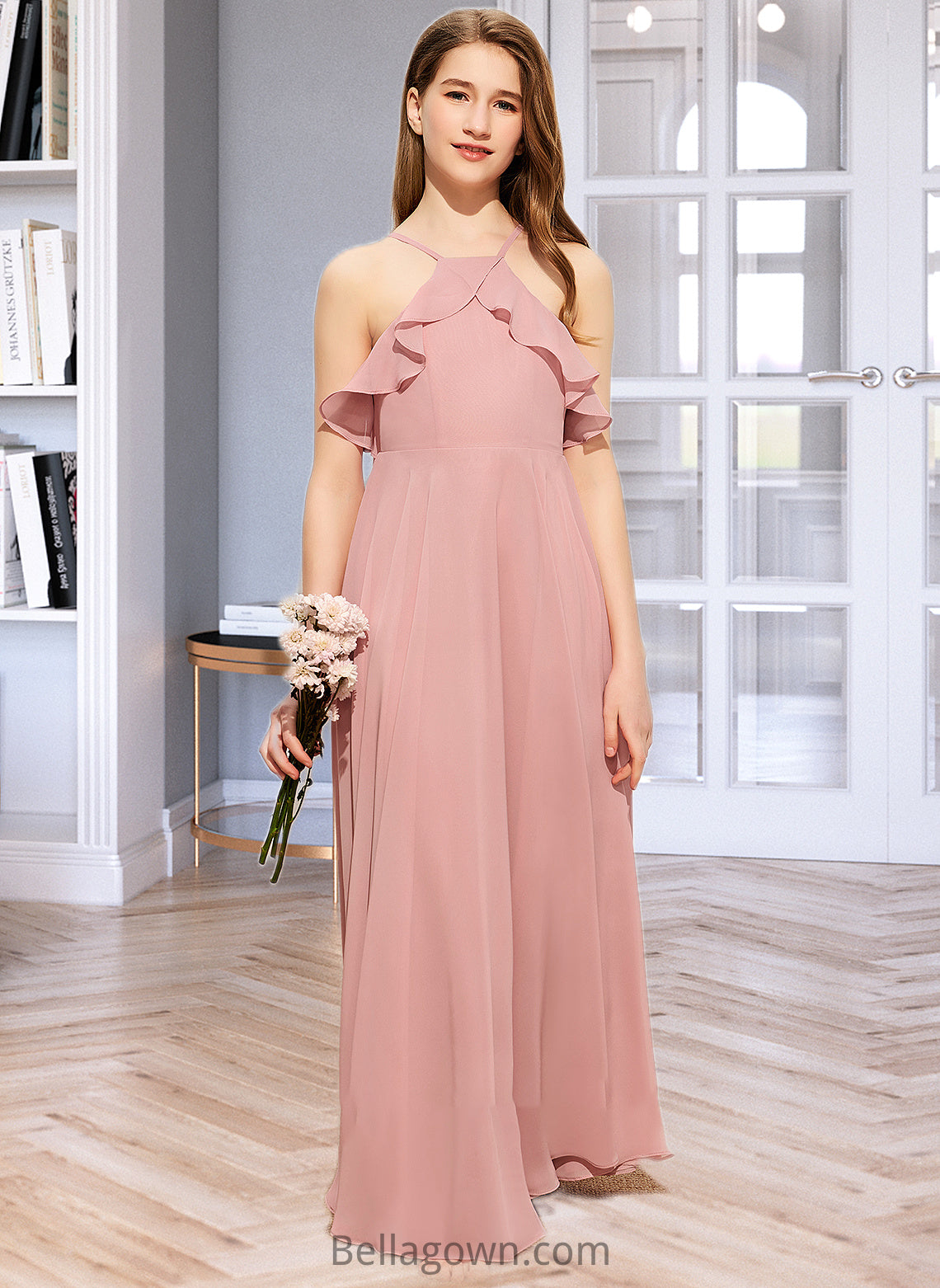 Dahlia A-Line Square Neckline Floor-Length Chiffon Junior Bridesmaid Dress With Cascading Ruffles DNP0013509