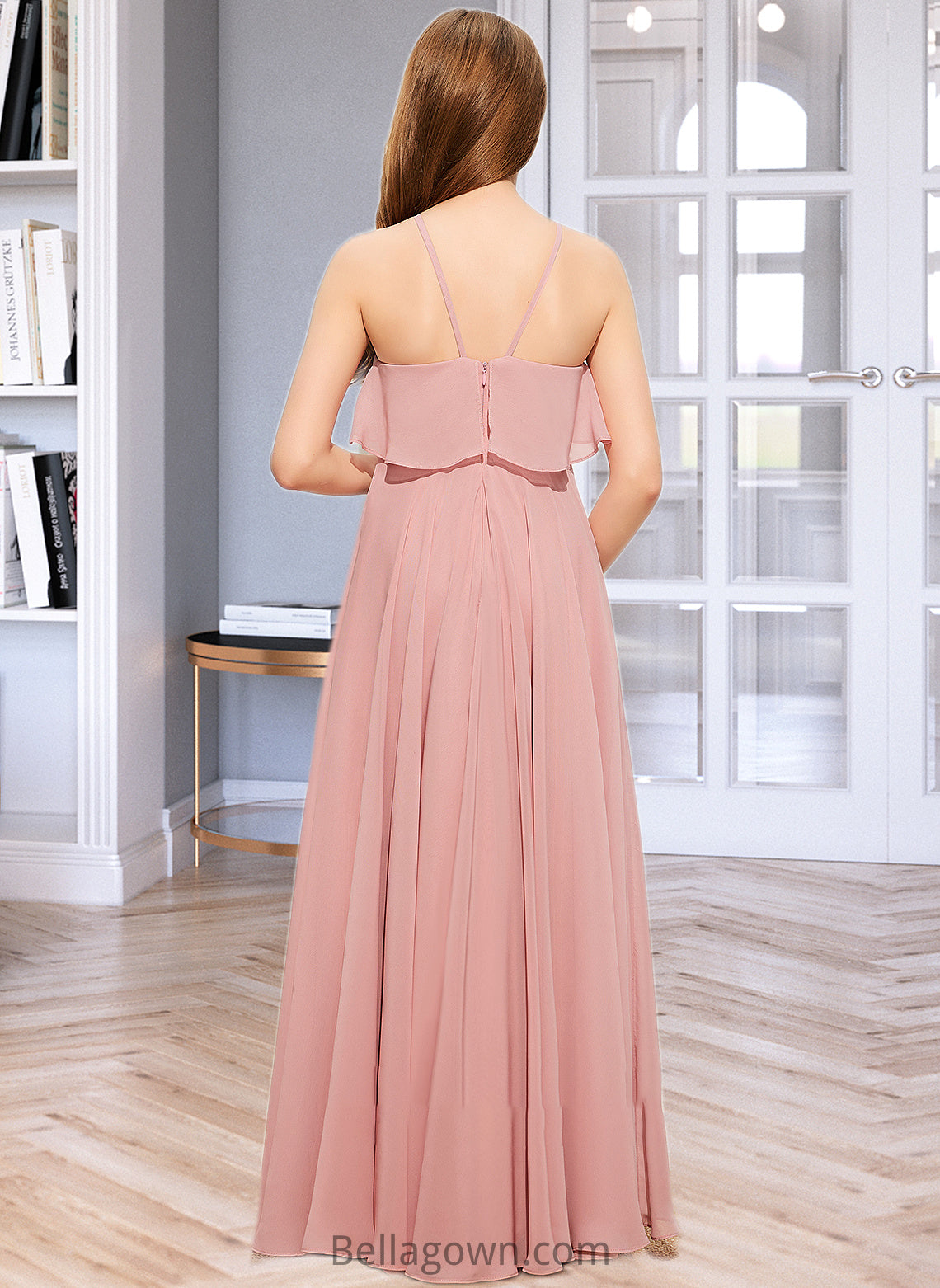 Dahlia A-Line Square Neckline Floor-Length Chiffon Junior Bridesmaid Dress With Cascading Ruffles DNP0013509