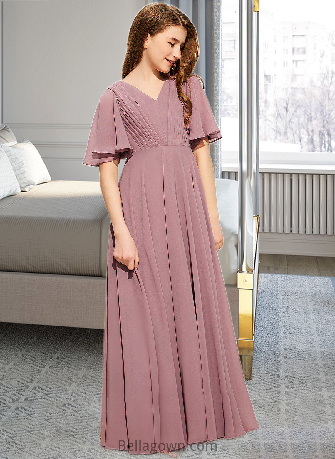 Kamryn A-Line V-neck Floor-Length Chiffon Junior Bridesmaid Dress With Ruffle DNP0013510