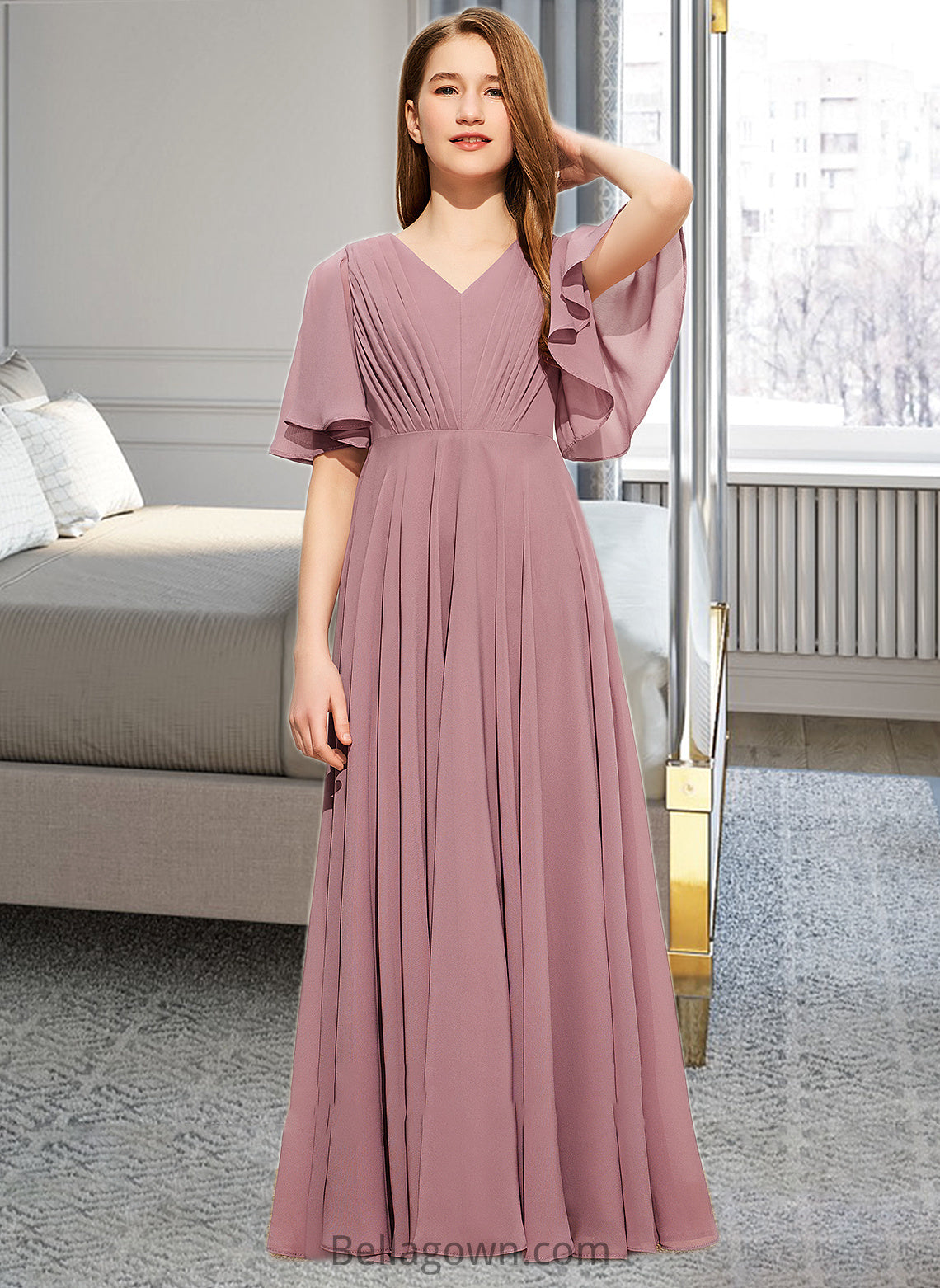 Kamryn A-Line V-neck Floor-Length Chiffon Junior Bridesmaid Dress With Ruffle DNP0013510