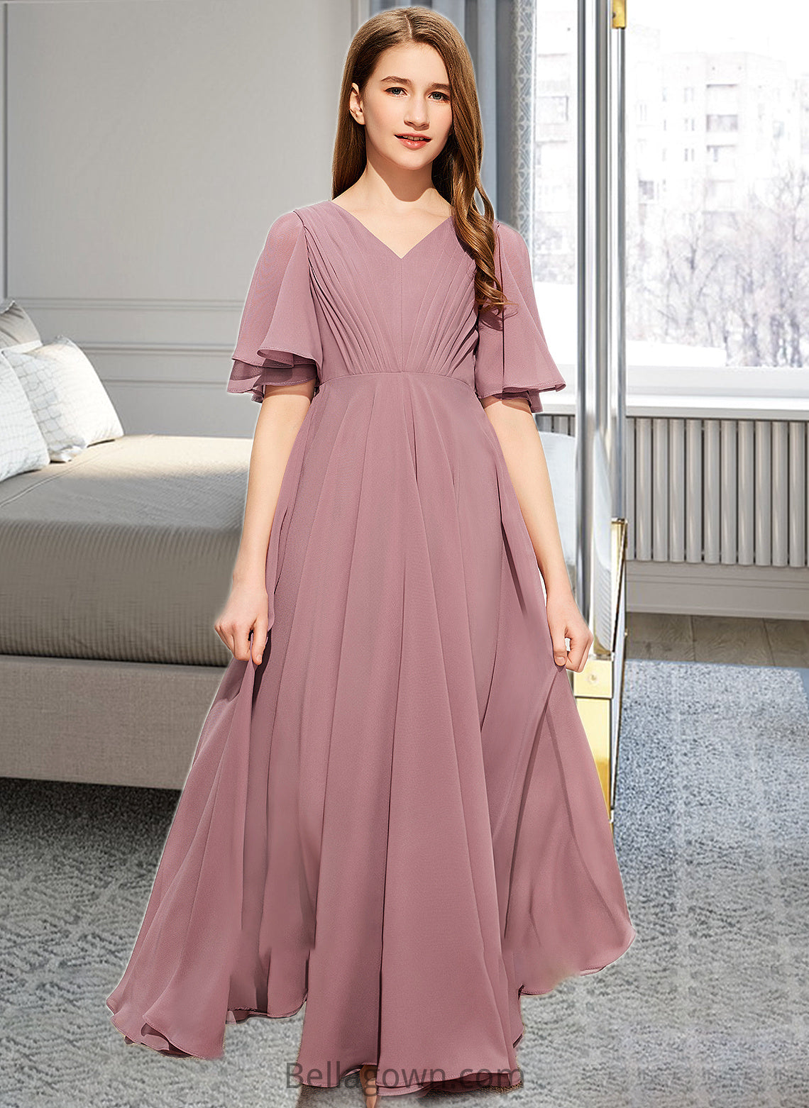 Kamryn A-Line V-neck Floor-Length Chiffon Junior Bridesmaid Dress With Ruffle DNP0013510