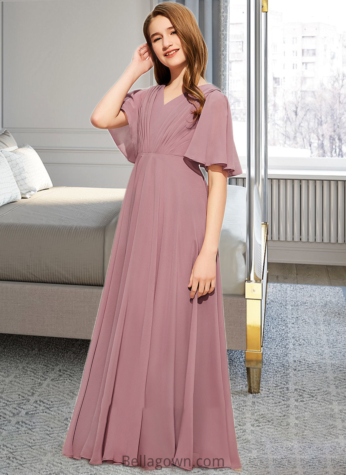 Kamryn A-Line V-neck Floor-Length Chiffon Junior Bridesmaid Dress With Ruffle DNP0013510