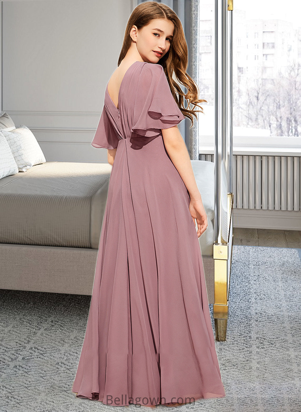 Kamryn A-Line V-neck Floor-Length Chiffon Junior Bridesmaid Dress With Ruffle DNP0013510