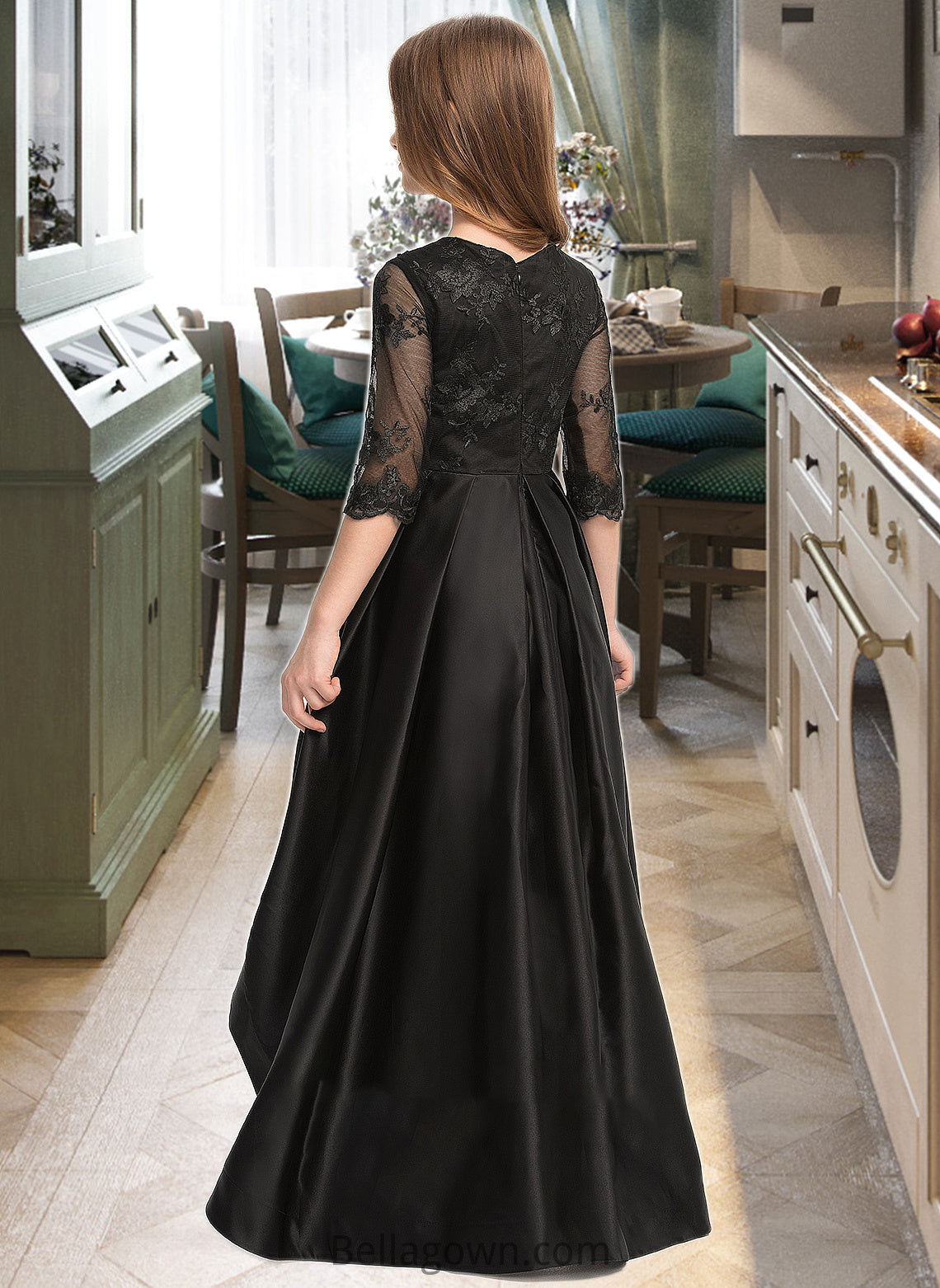 Yareli A-Line Scoop Neck Asymmetrical Satin Lace Junior Bridesmaid Dress With Ruffle DNP0013511