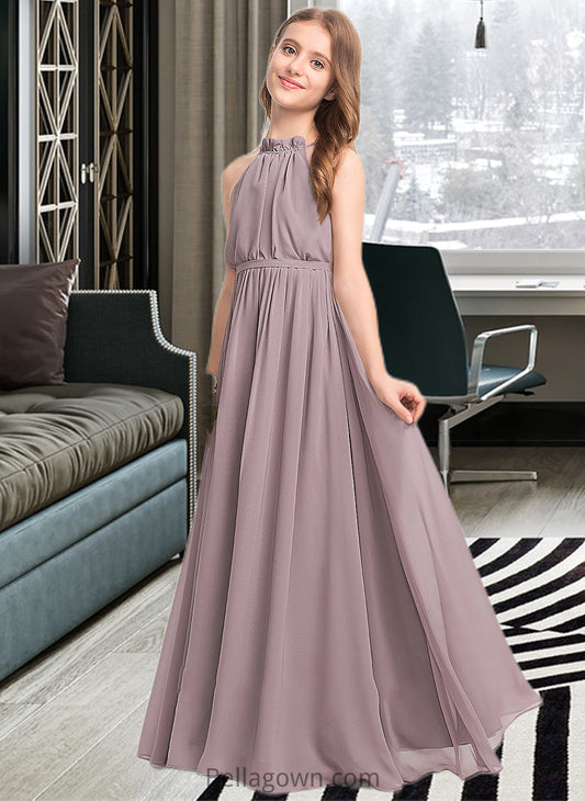 Miranda A-Line High Neck Floor-Length Chiffon Junior Bridesmaid Dress With Bow(s) Cascading Ruffles DNP0013512