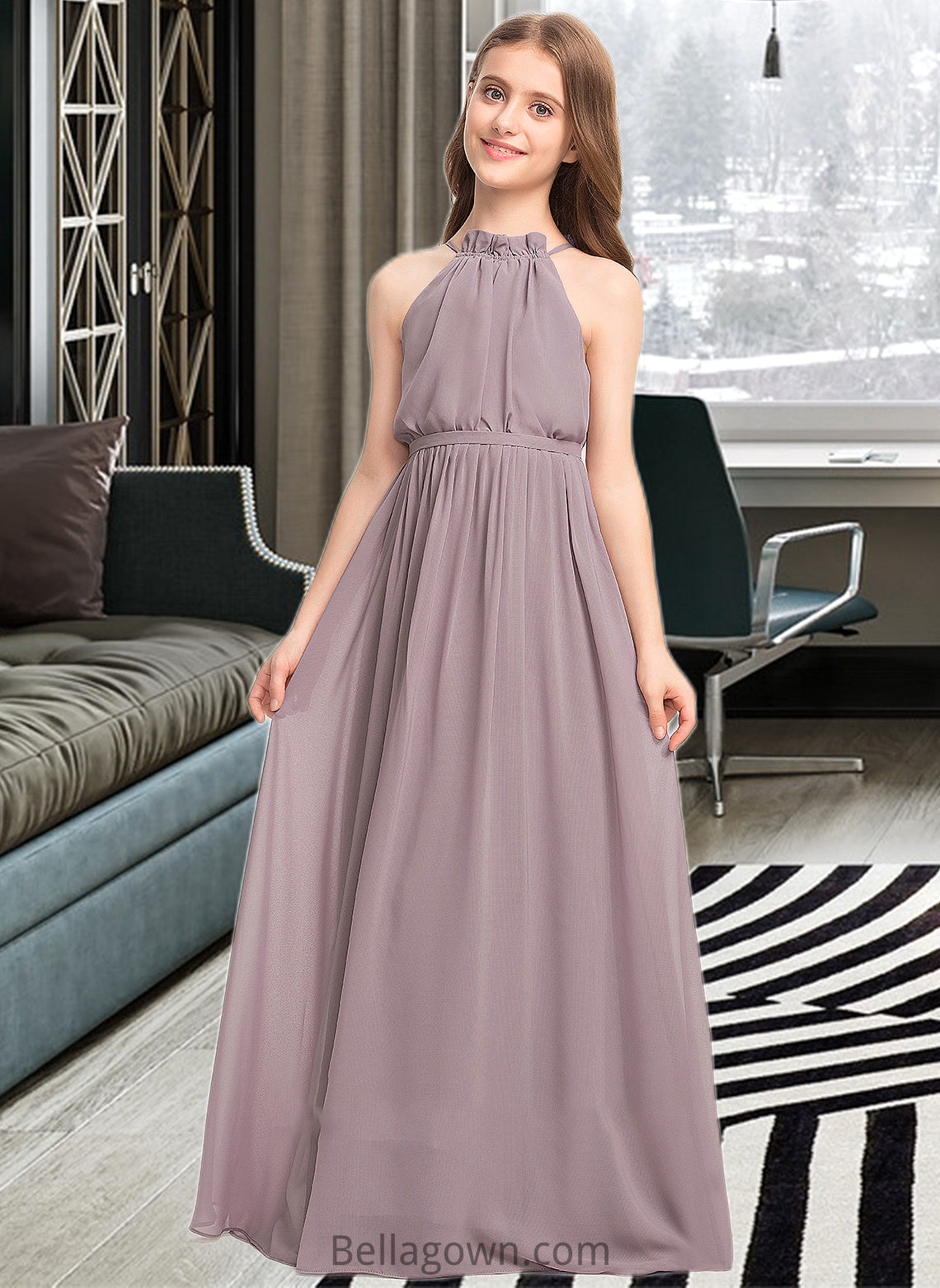 Miranda A-Line High Neck Floor-Length Chiffon Junior Bridesmaid Dress With Bow(s) Cascading Ruffles DNP0013512