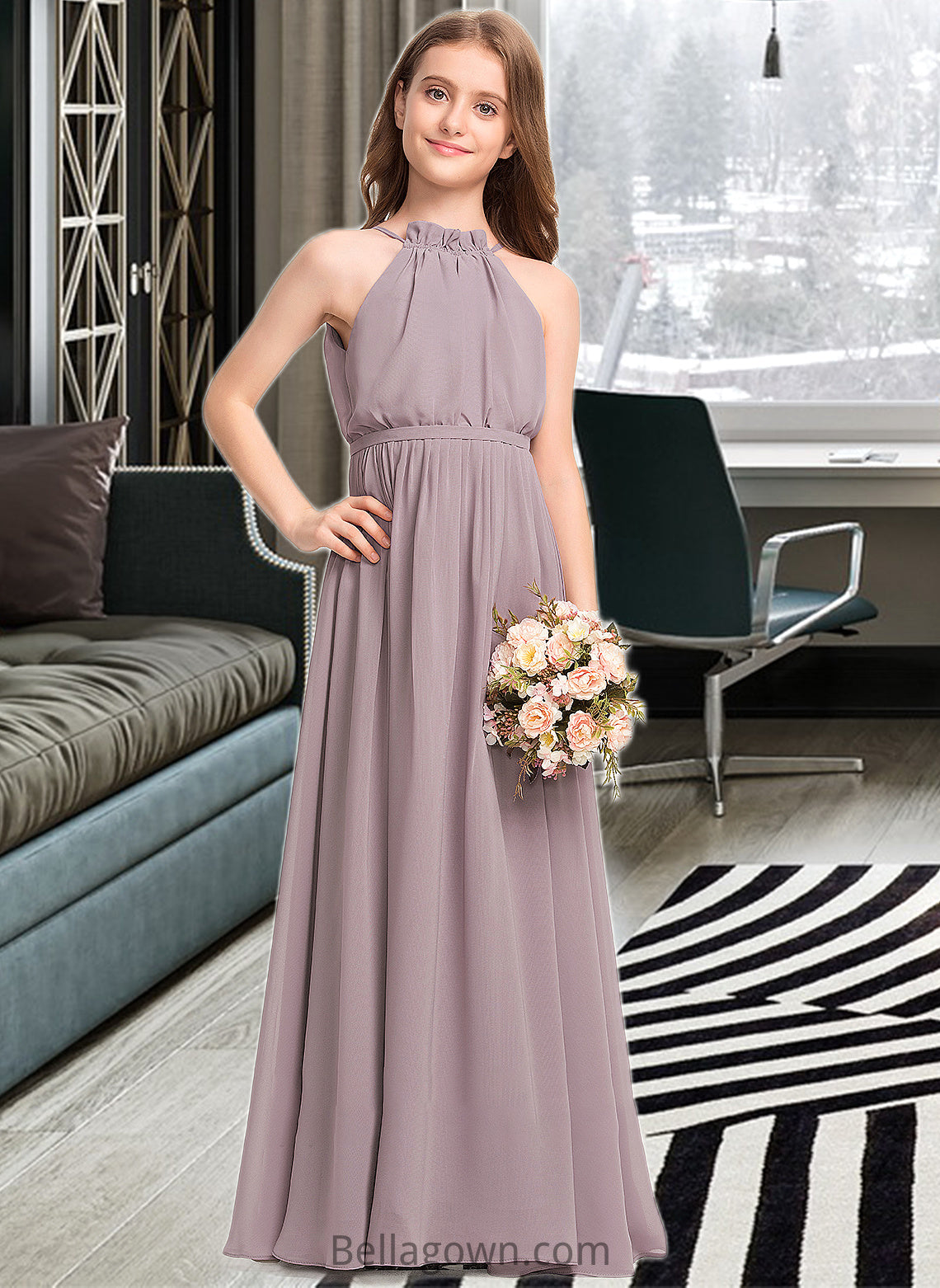 Miranda A-Line High Neck Floor-Length Chiffon Junior Bridesmaid Dress With Bow(s) Cascading Ruffles DNP0013512