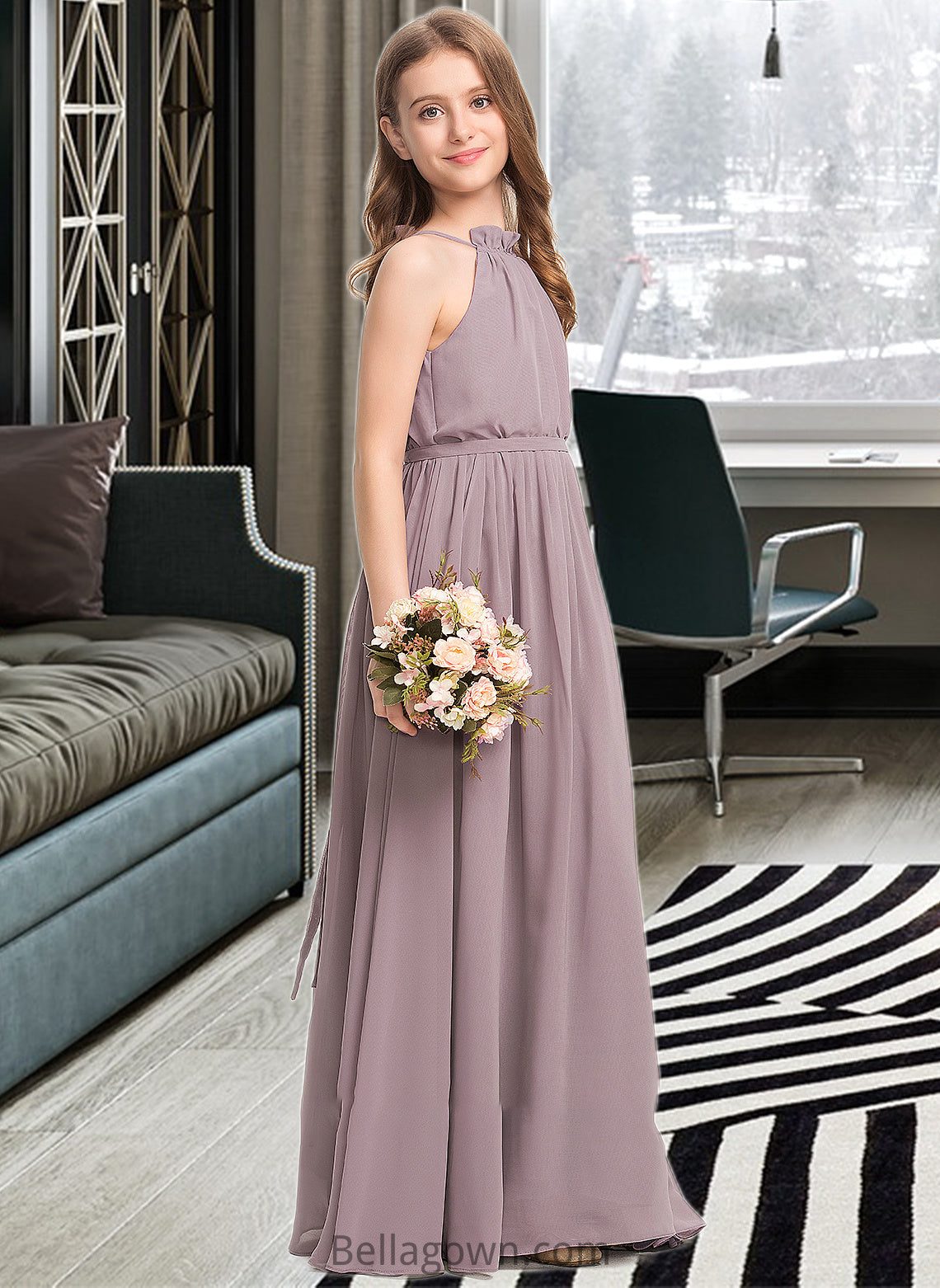 Miranda A-Line High Neck Floor-Length Chiffon Junior Bridesmaid Dress With Bow(s) Cascading Ruffles DNP0013512