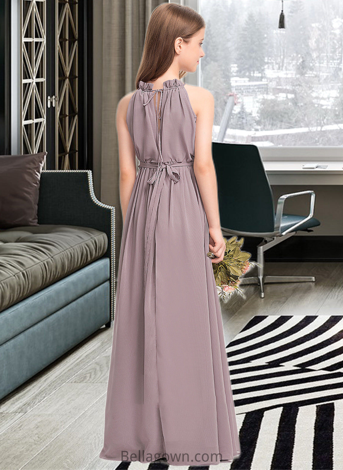 Miranda A-Line High Neck Floor-Length Chiffon Junior Bridesmaid Dress With Bow(s) Cascading Ruffles DNP0013512