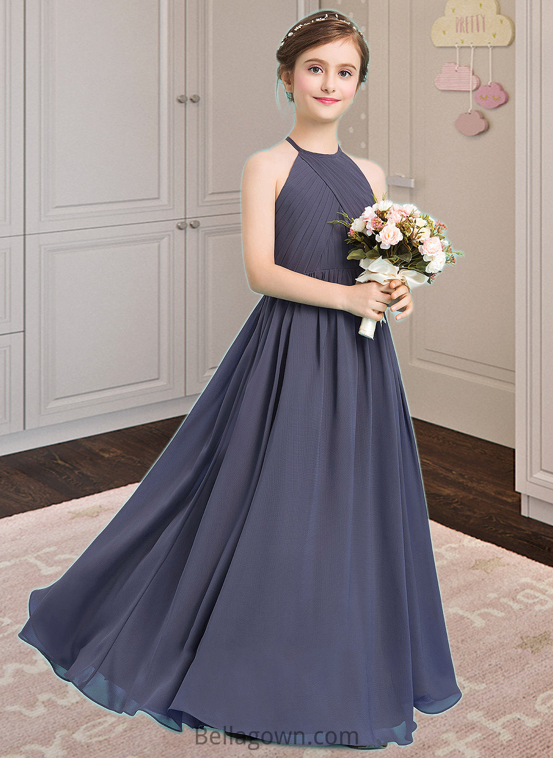 Alessandra A-Line Scoop Neck Floor-Length Chiffon Junior Bridesmaid Dress With Ruffle DNP0013516