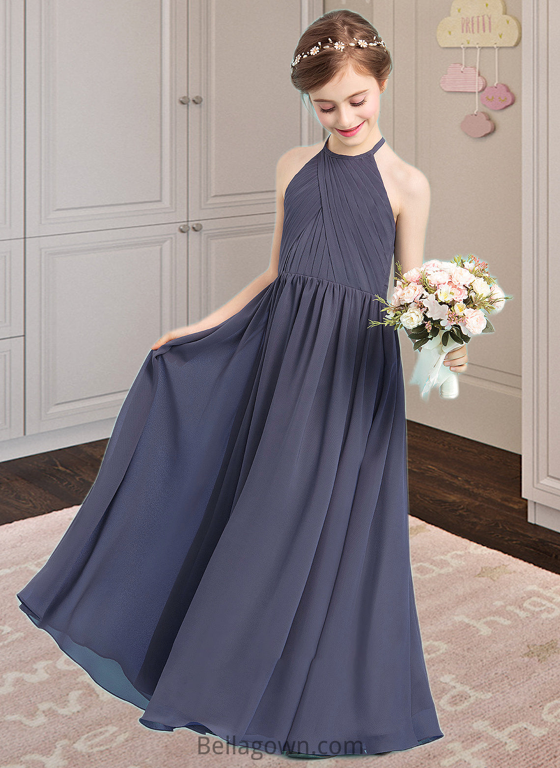 Alessandra A-Line Scoop Neck Floor-Length Chiffon Junior Bridesmaid Dress With Ruffle DNP0013516