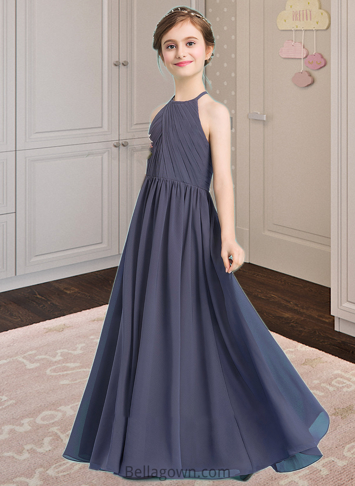 Alessandra A-Line Scoop Neck Floor-Length Chiffon Junior Bridesmaid Dress With Ruffle DNP0013516