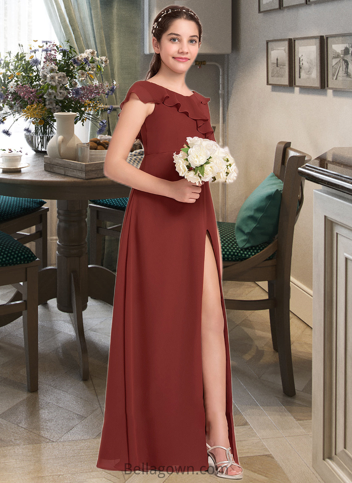 Rylee A-Line V-neck Floor-Length Chiffon Junior Bridesmaid Dress With Split Front Cascading Ruffles DNP0013517