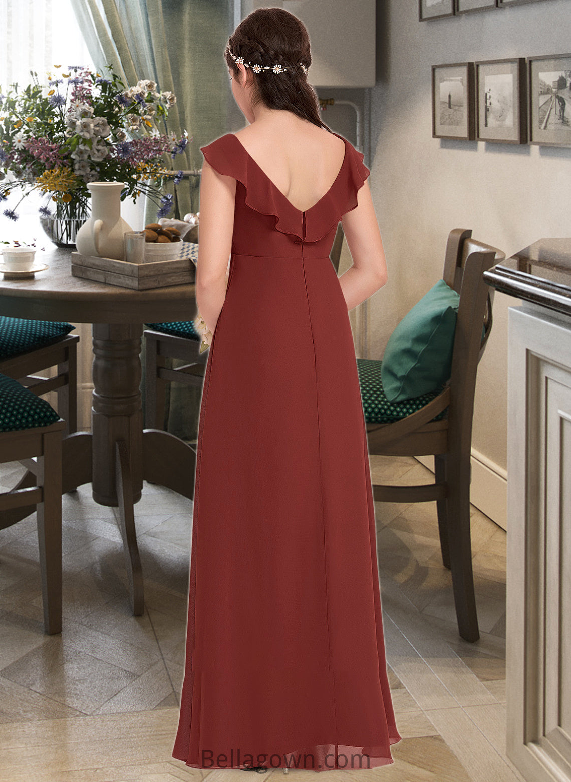 Rylee A-Line V-neck Floor-Length Chiffon Junior Bridesmaid Dress With Split Front Cascading Ruffles DNP0013517