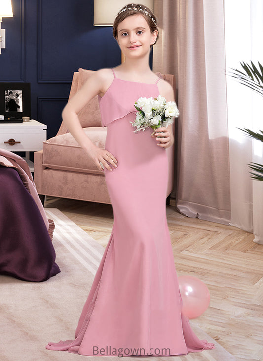 Journey Trumpet/Mermaid Square Neckline Sweep Train Chiffon Junior Bridesmaid Dress With Cascading Ruffles DNP0013518