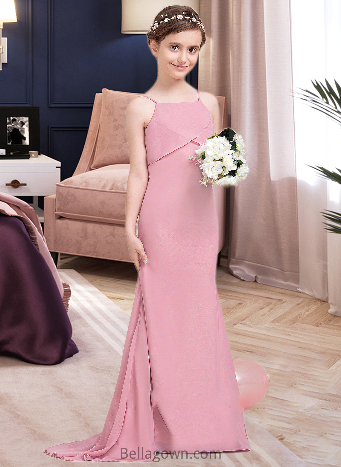 Journey Trumpet/Mermaid Square Neckline Sweep Train Chiffon Junior Bridesmaid Dress With Cascading Ruffles DNP0013518