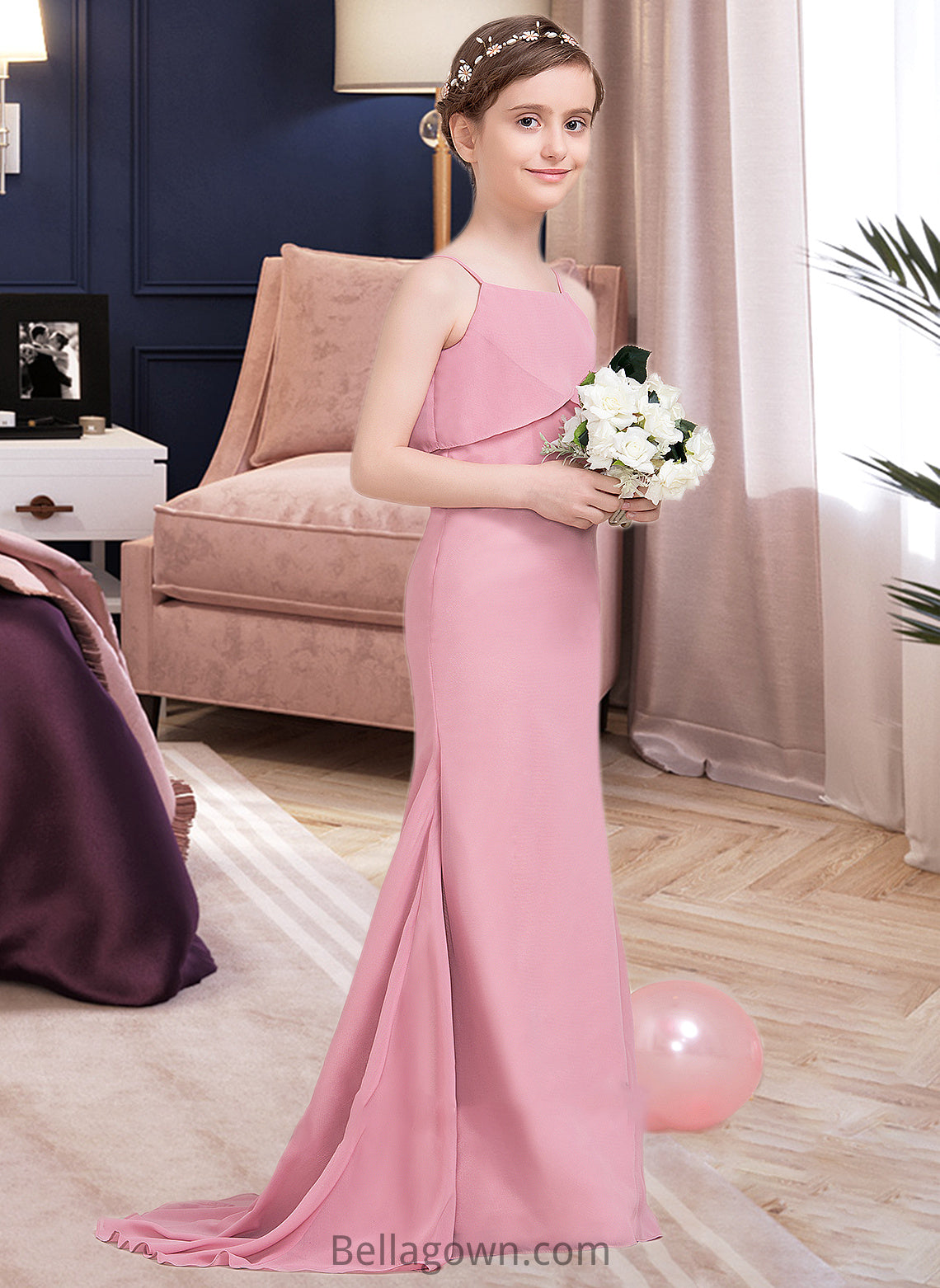 Journey Trumpet/Mermaid Square Neckline Sweep Train Chiffon Junior Bridesmaid Dress With Cascading Ruffles DNP0013518